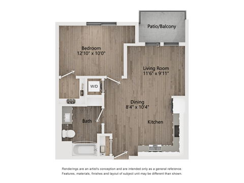 Floor plan for 1 bed, 1 bath, 650 sqft